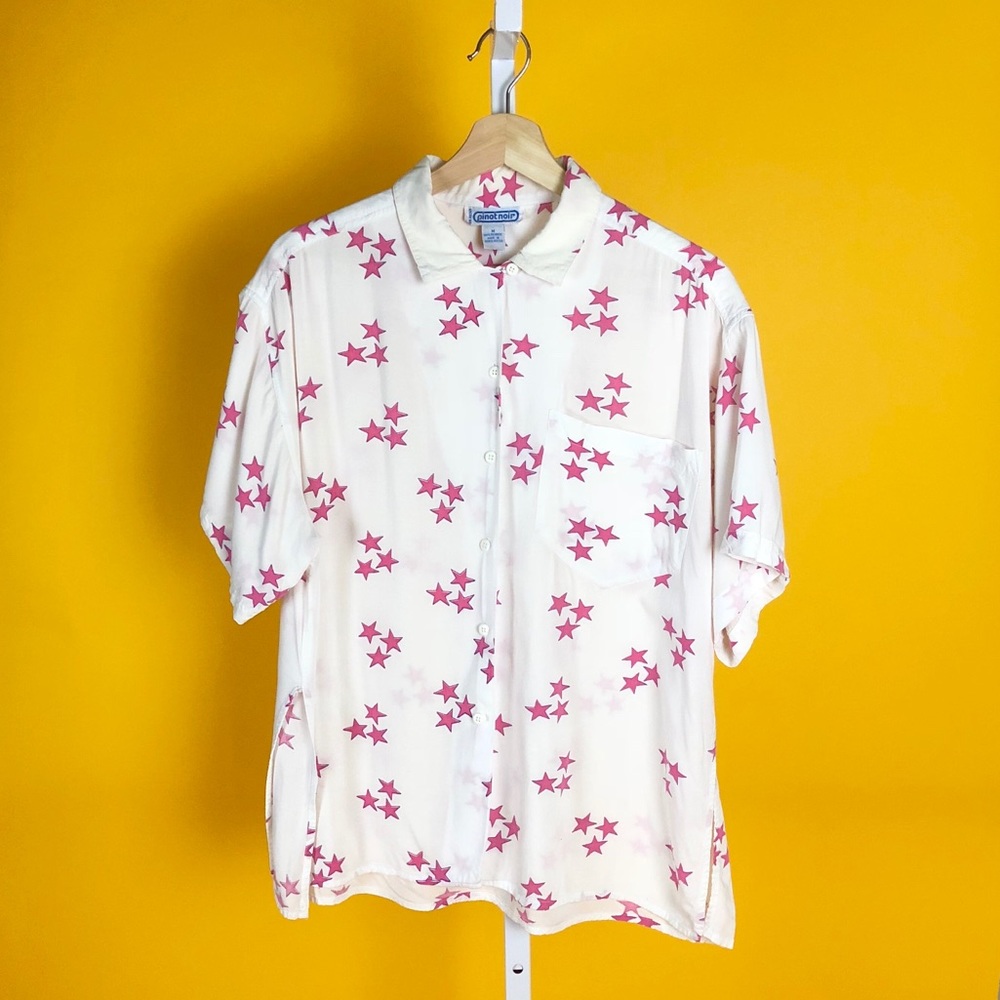 See Thru White Pink Star All Over Print Button-Up